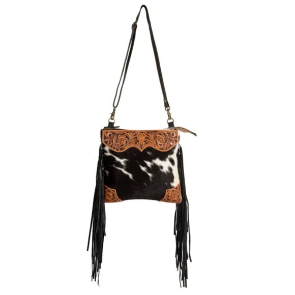 Tumbleweed Trail Fringed Hand-Tooled Bag | Myra Bag SKU S-7869 | Hair On Leather - Picture 4 of 6